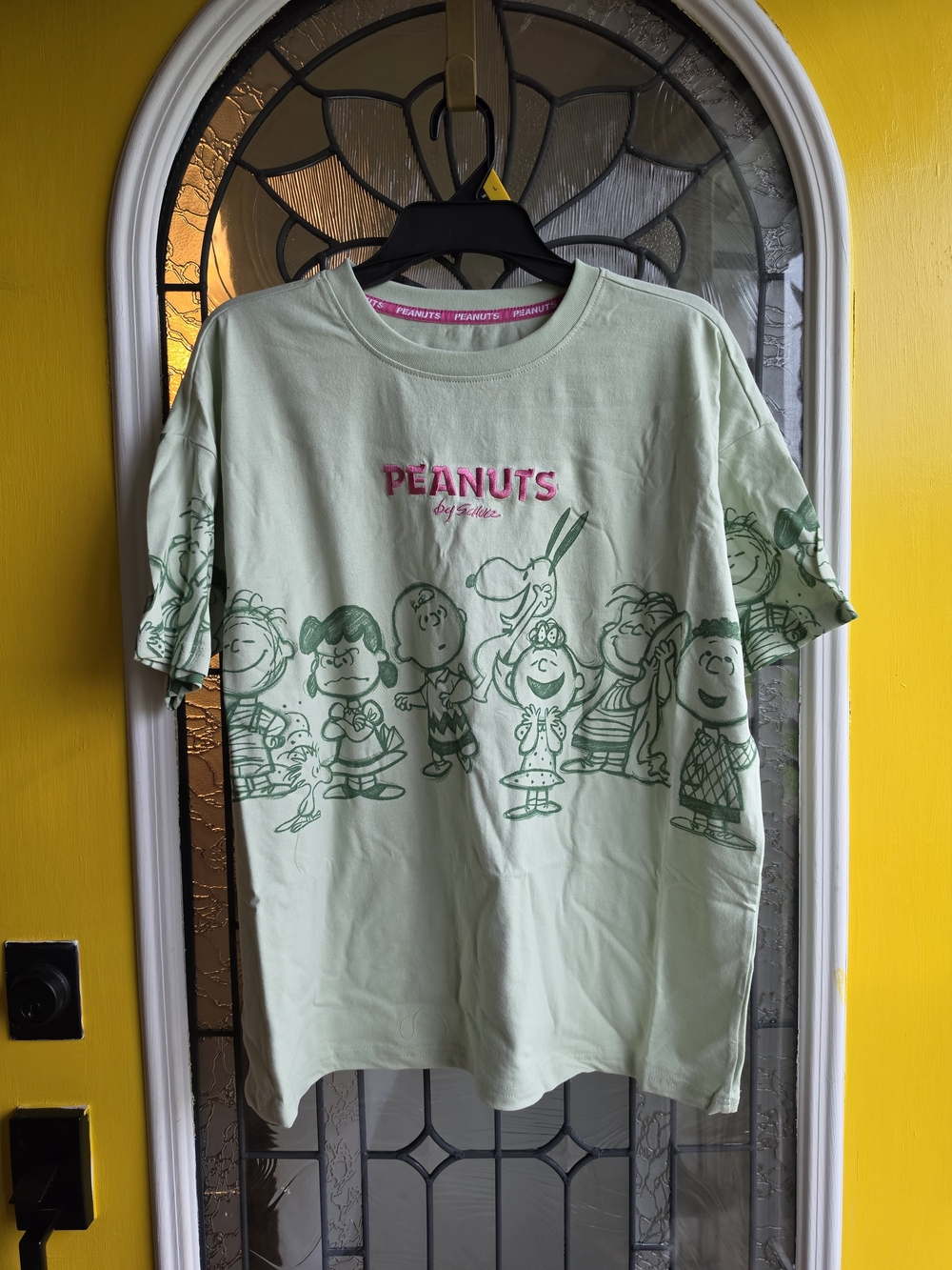 Peanuts Light Green Tee with Pink Logo